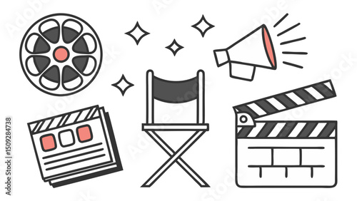 Collection of film industry elements including a reel, chair, clapperboard, and megaphone design