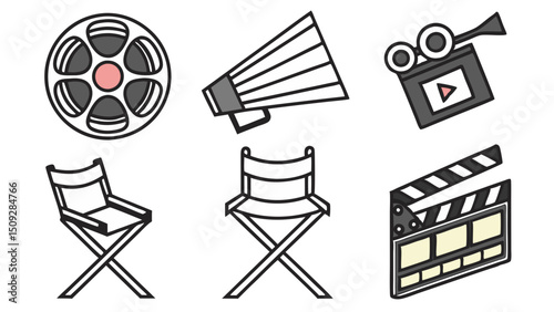 Collection of movie making elements including a film reel megaphone camera chairs and a clapperboard