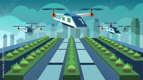 A fleet of sleek metallic air taxis hover over a sprawling vertical farm each equipped with stateoftheart drones to assist in crop cultivation.. Vector illustration