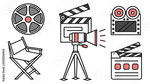 Depiction of film production elements including a camera, clapboard, reel, and director's chair