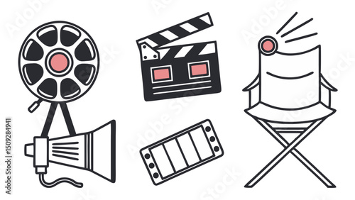 A collection of movie making equipment including a reel, clapboard, chair, and film strip graphic
