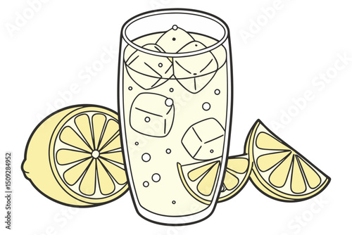 Tall glass filled with a refreshing beverage and ice cubes alongside fresh lemon slices and a half lemon