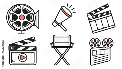 Collection of filmmaking equipment including a film reel megaphone clapperboard and director chair