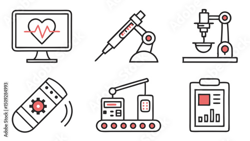 Collection of six medical device icons including monitor, syringe, machine, and clipboard items
