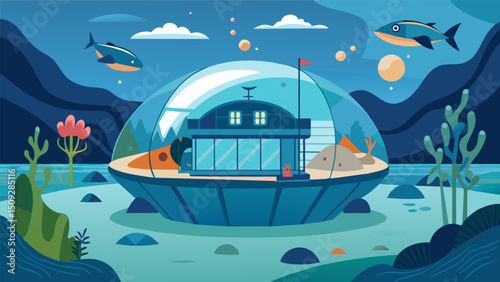 A futuristic underwater hotel is designed using data on ocean currents marine life and weather patterns to create an immersive and ecofriendly experience for guests.. Vector illustration