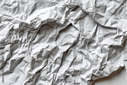 A close up shot of a crumpled piece of white paper showing the texture and shadows of the folds and creases