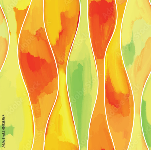 Abstract seamless pattern with hand drawn white vertical waves in orange, yellow, green colors