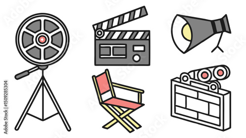 Collection of film production equipment including a reel chair clapperboard light and camera