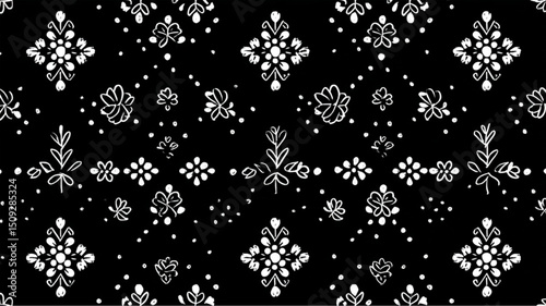 Black background with white floral pattern and scattered dots in a repeating design style art