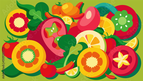 A colorful array of bell peppers and radishes are thinly sliced and added as a garnish to the salad.. Vector illustration