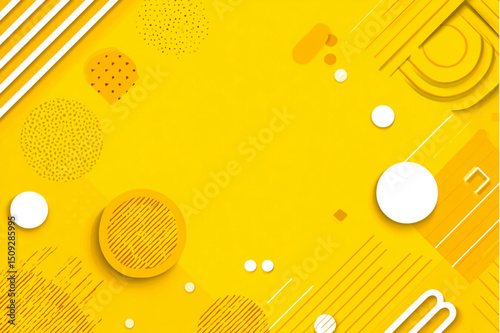 A yellow background with various geometric shapes and patterns scattered across the surface area evenly