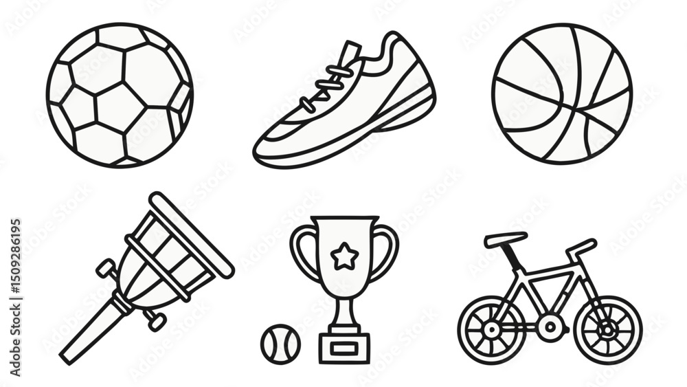 Fototapeta premium Collection of outlined sporting equipment including balls, shoe, lacrosse stick, trophy, and bicycle design