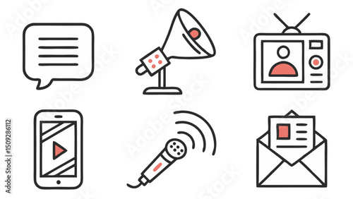 A set of communication icons including a speech bubble megaphone television smartphone microphone and email
