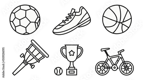Collection of outlined sporting equipment including balls, shoe, lacrosse stick, trophy, and bicycle design