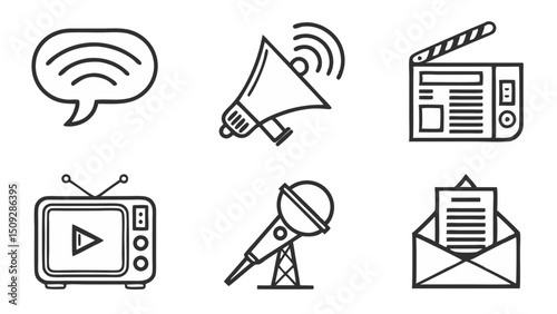 Collection of outline icons representing communication media such as tv microphone and megaphone