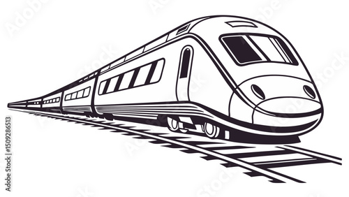 A streamlined passenger train shown in black and white traveling along a railway track system design