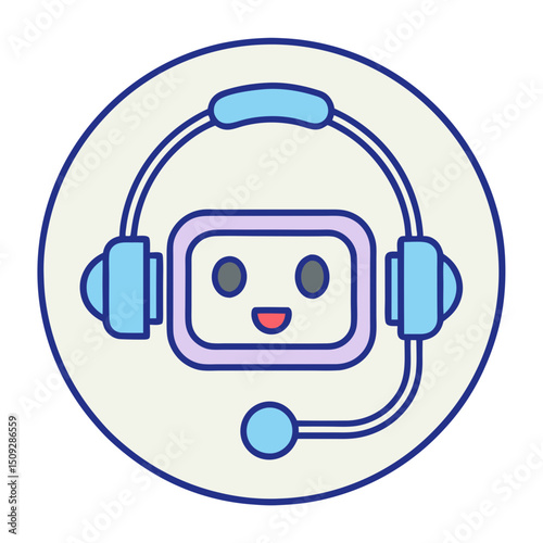 Cartoonish robot head with headphones and microphone inside a circle with light background color