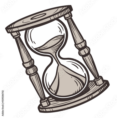 A hand drawn hourglass with sand flowing inside, set against a plain white background at an angle