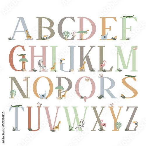 Pastel Chalk Alphabet with Cute Safari Animals Vector Set. Kids Education ABC
