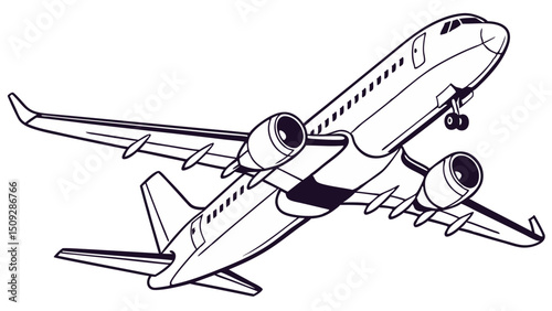 A commercial airplane with visible engines and landing gear in a black and white graphic style art