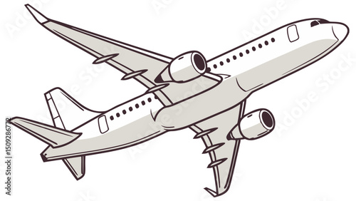 Aerial view of a commercial airliner with wings and engines in flight against a white backdrop