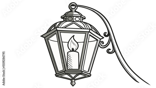 A vintage style street lamp with a candle inside hanging from a decorative metal arm bracket fixture