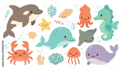Vector illustration of cute underwater animals: orca, crab, starfish, dolphin, whale, stingray, seahorse, octopus, shells, coral, and seaweed. Perfect for kids and marine themes