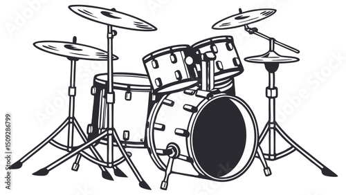 A detailed line drawing showcases a complete drum set with cymbals and various drum sizes present