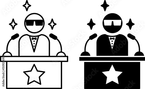 Celebrity Icons. Black and White Vector Illustration. Famous Man With Glasses Behind Podium Giving Speech To Audience. Influencer Concept