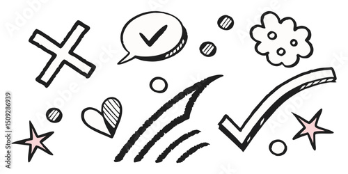 Hand drawn doodle elements including x mark, check mark, heart, stars, and abstract shapes design