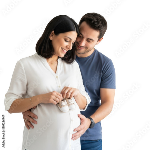 Pregnant couple holding baby shoes isolated on transparent background. family planning, maternity, parenthood.