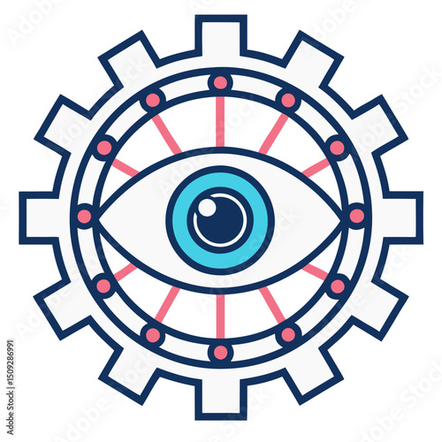 Stylized eye within a gear shape with connecting lines and circular accents in a graphic design