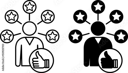 Expertise Icons. Black and White Vector Illustrations. Expertise, Special Knowledge, Professional Experience, and Skills. Man, Five Stars and Hand with Thumb Up. Influencer Concept