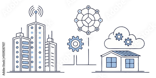 Cityscape with buildings and antenna connected to house with gears and network above it alluding to iot