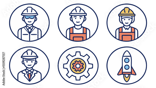 Collection of oval frames containing depictions of construction workers gear and a rocket ship design