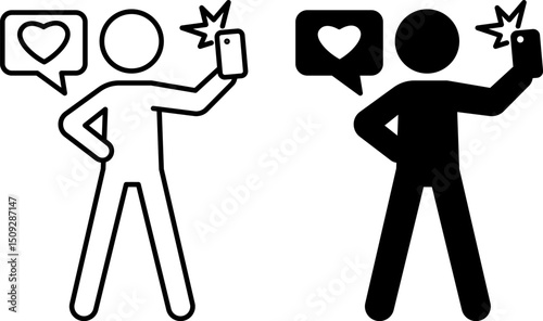 Passion Icons. Black and White Vector Illustrations. Blogger Recording Videos for Social Networks. Like, Blogging. Strong Passion for Creating Content. Influencer Concept
