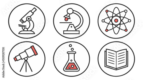 Collection of scientific equipment icons including microscopes, telescope, atom, flask, and book design