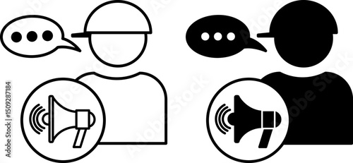 Storytelling Icons. Black and White Vector Illustrations. Man in Hat Telling Story and Megaphone. Marketing Technique. Influencer Concept