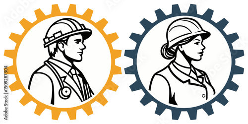 Profiles of male doctor and female engineer in gears representing different professions and teamwork