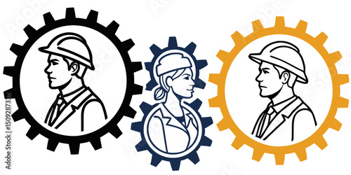 Three stylized people wearing hard hats within interlocking gears representing industry and teamwork
