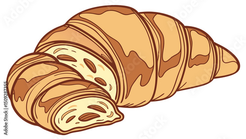 A delectable croissant cut open revealing its almond filling with a golden brown flaky exterior design