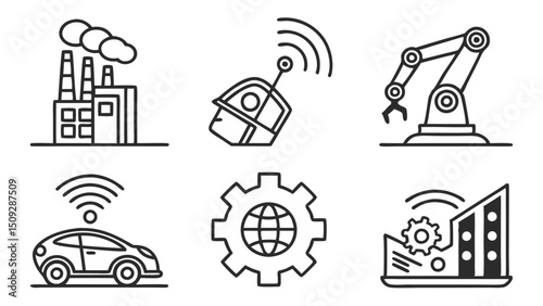 Outline drawing of factory robot arm car gear and building representing industrial automation