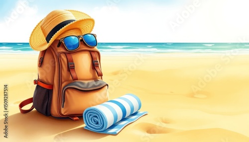Beach Getaway Essentials: Backpack, Sun Hat, Sunglasses and Towel by the Sea