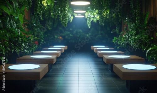 Modern indoor pathway with lush greenery and seating