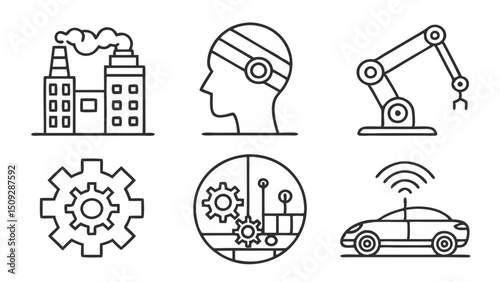 A set of automation themed line drawings featuring factory, head with sensors, robotic arm and car