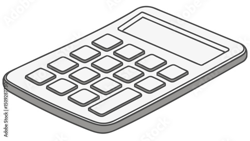 Isometric view of a calculator with square buttons and a display screen for mathematical calculations