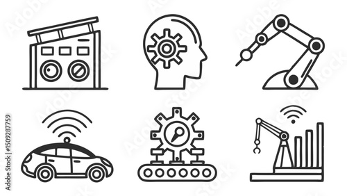 A collection of six distinct automation themed symbols including machine head car and robotic arm