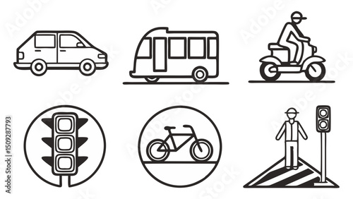 Collection of various modes of transportation and pedestrian crossing signals in outline style art