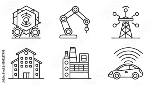 Outline depictions of industry related icons including automation robotics and communication systems
