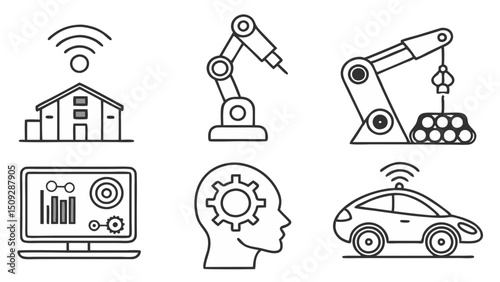 Outline drawings depicting smart factory elements including automation and connected technology setup